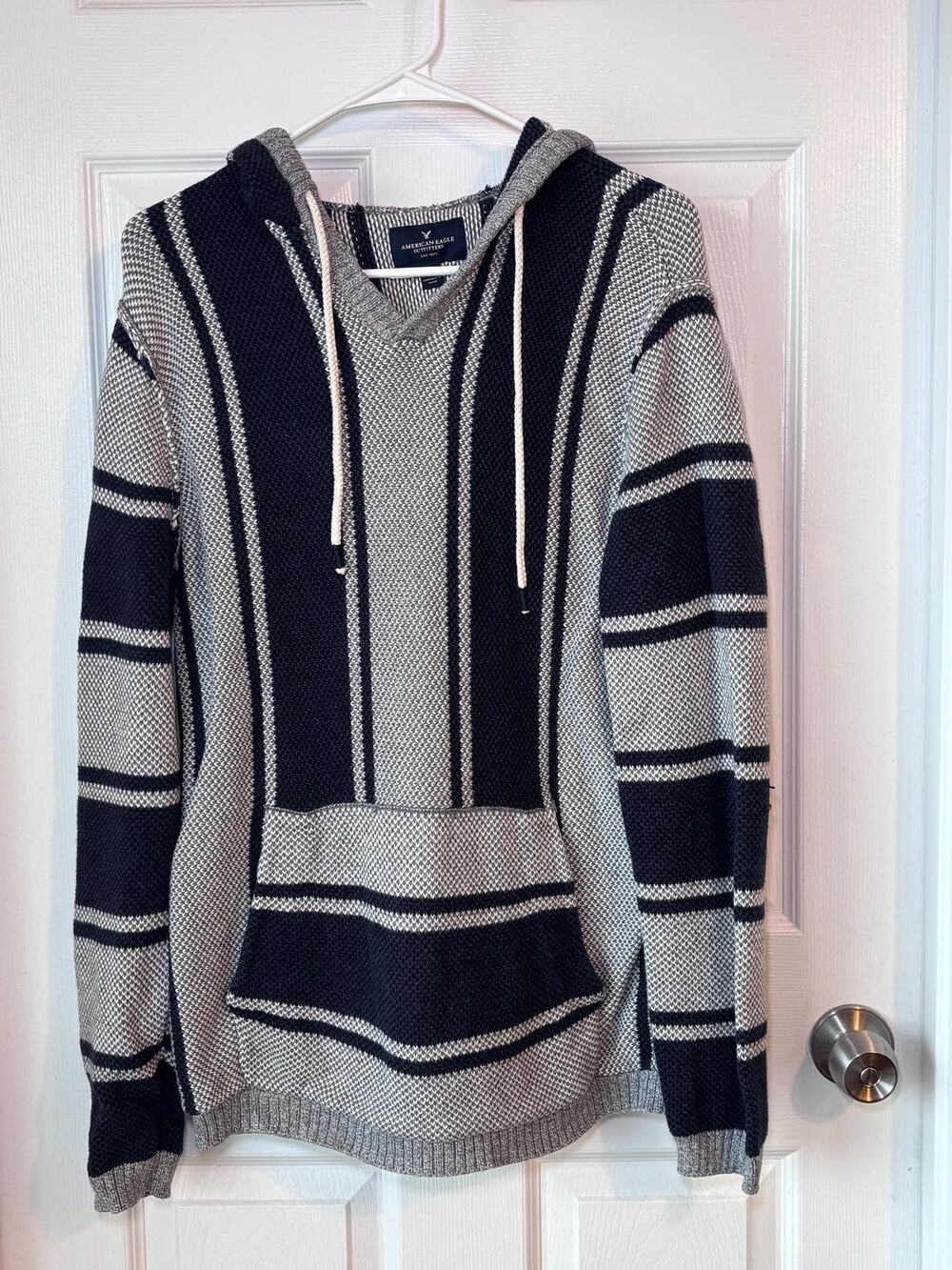 American Eagle Outfitters Striped Knit Hoodie Sweater M Navy Gray Cotton